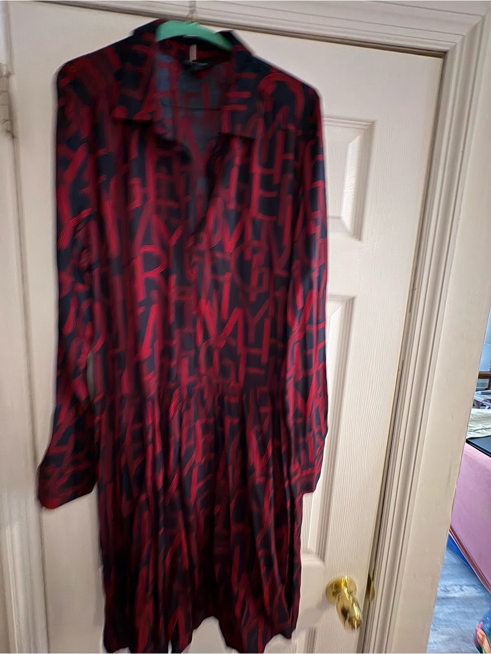 Tommy Hilfiger Red and Black Graphic Long-Sleeve Shirt Dress